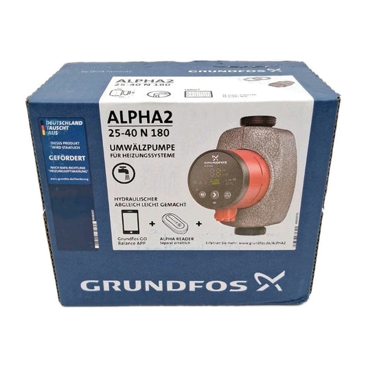 Grundfos ALPHA2 25-40 N 180 Zirkulationspumpe Trinkwasser OVP Frontansicht