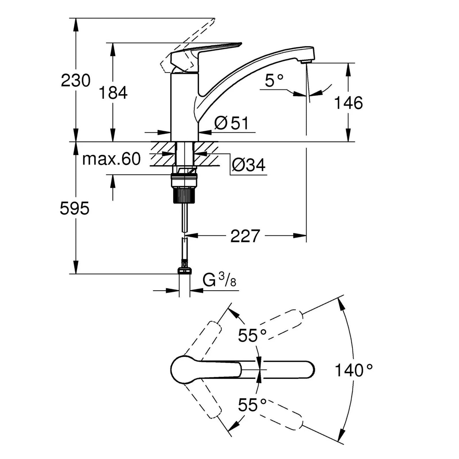 Grohe START QuickFix Küchenarmatur Edelstahl-Optik Zeichnung