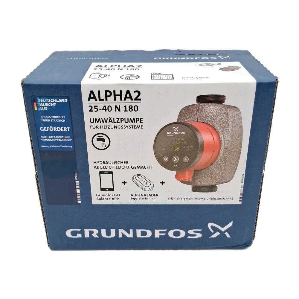 Grundfos ALPHA2 25-40 N 180 Zirkulationspumpe Trinkwasser OVP Frontansicht