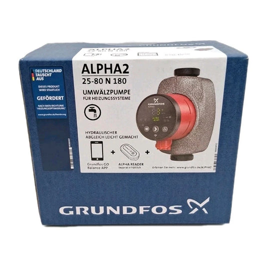 Grundfos ALPHA2 25-80 N 180 Zirkulationspumpe Trinkwasser Frontansicht OVP