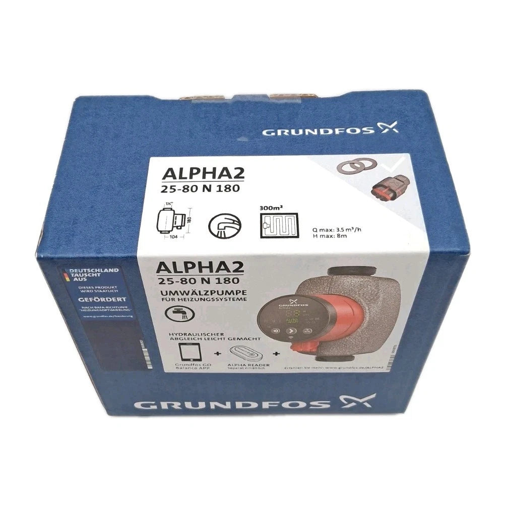 Grundfos ALPHA2 25-80 N 180 Zirkulationspumpe Trinkwasser OVP Frontansicht