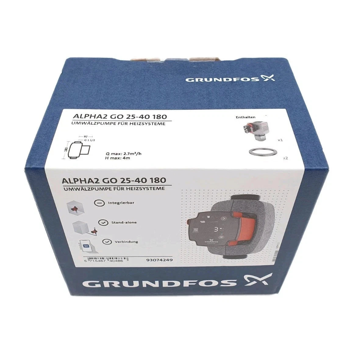 Grundfos ALPHA2 GO 25-40 180 Umwälzpumpe OVP oben