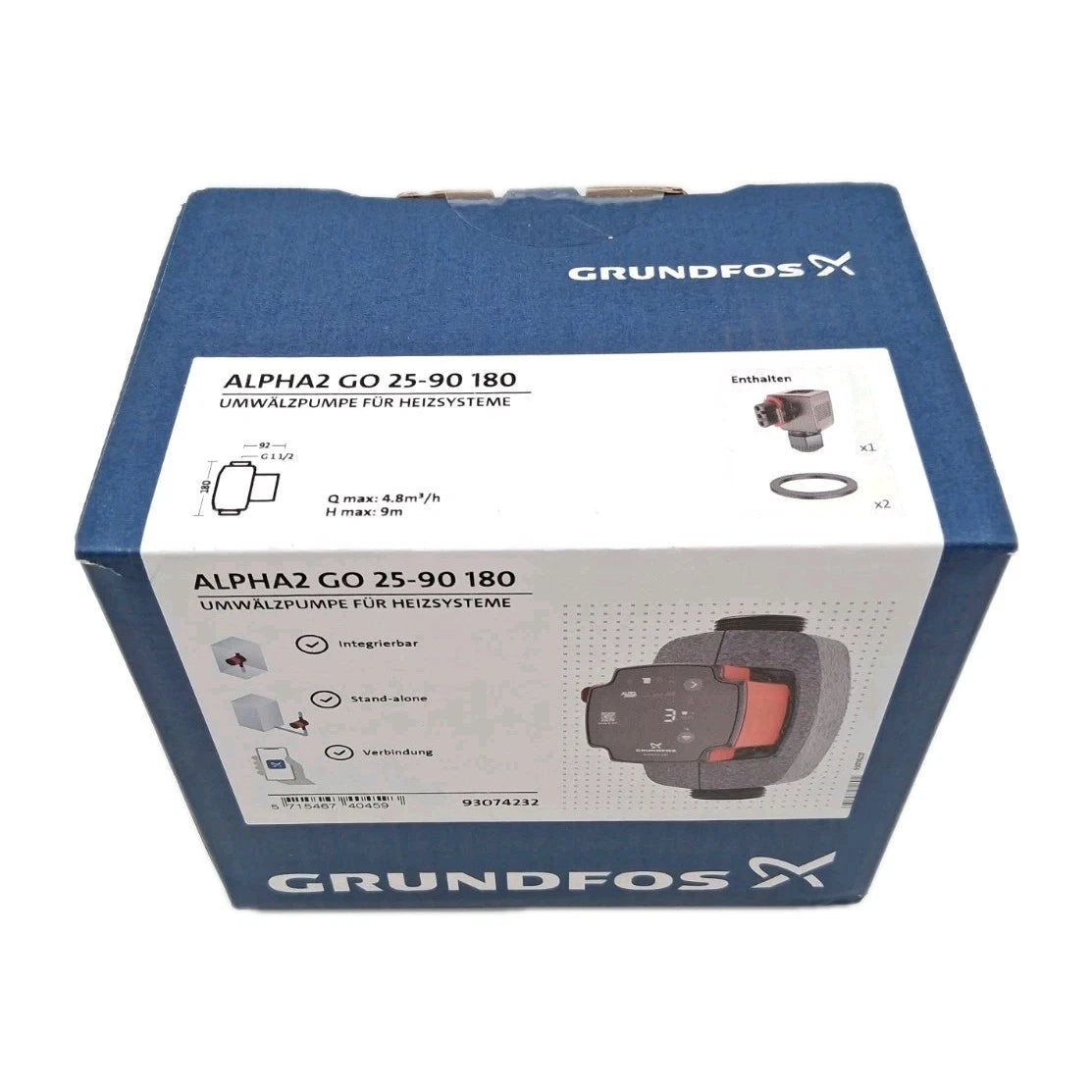 Grundfos ALPHA2 GO 25-90 180 Umwälzpumpe OVP Oben