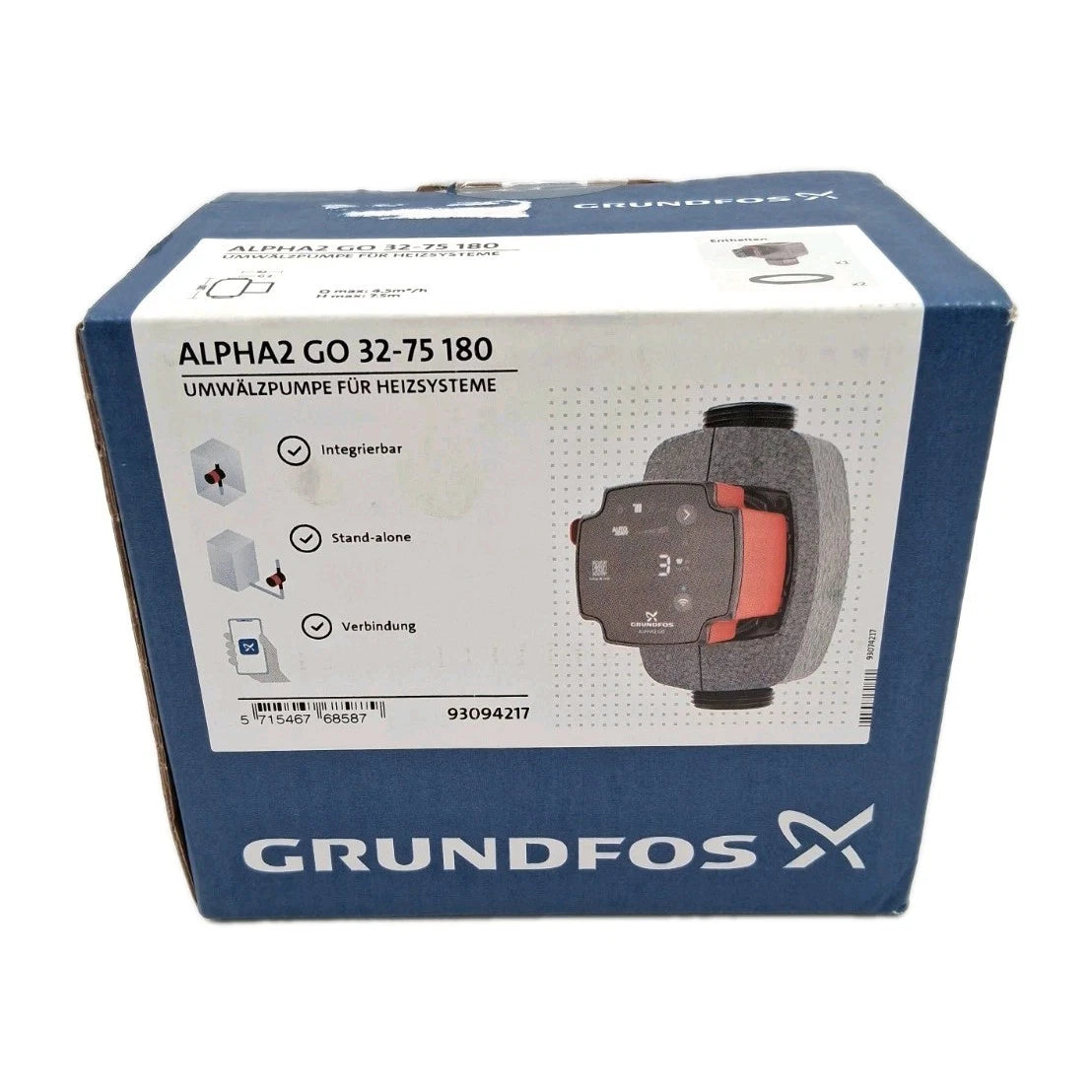 Grundfos ALPHA2 GO 32-75 180 Umwälzpumpe OVP Frontansicht